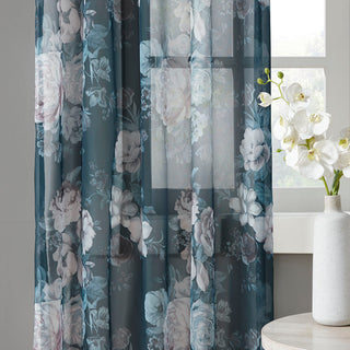 Madison Park Simone Printed Floral Twist Tab Top Voile Sheer Curtain, Navy