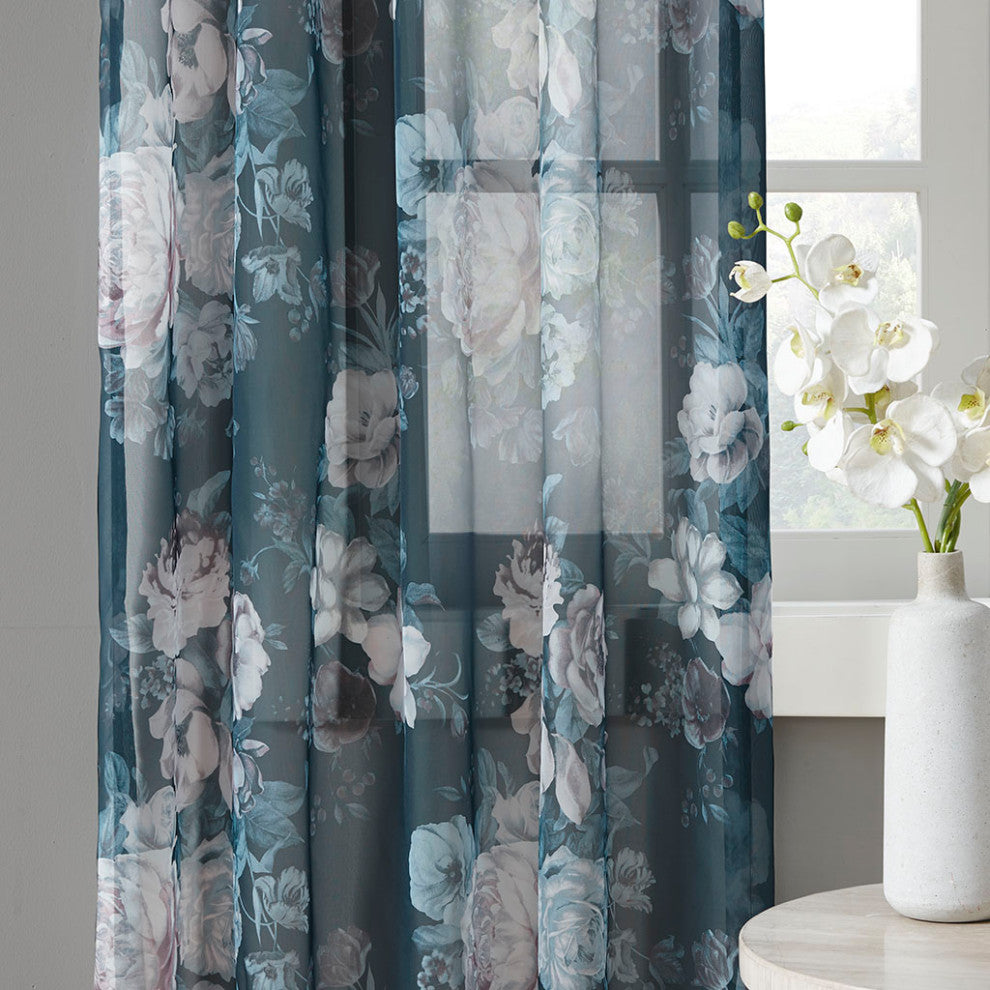 Madison Park Simone Printed Floral Twist Tab Top Voile Sheer Curtain, Navy