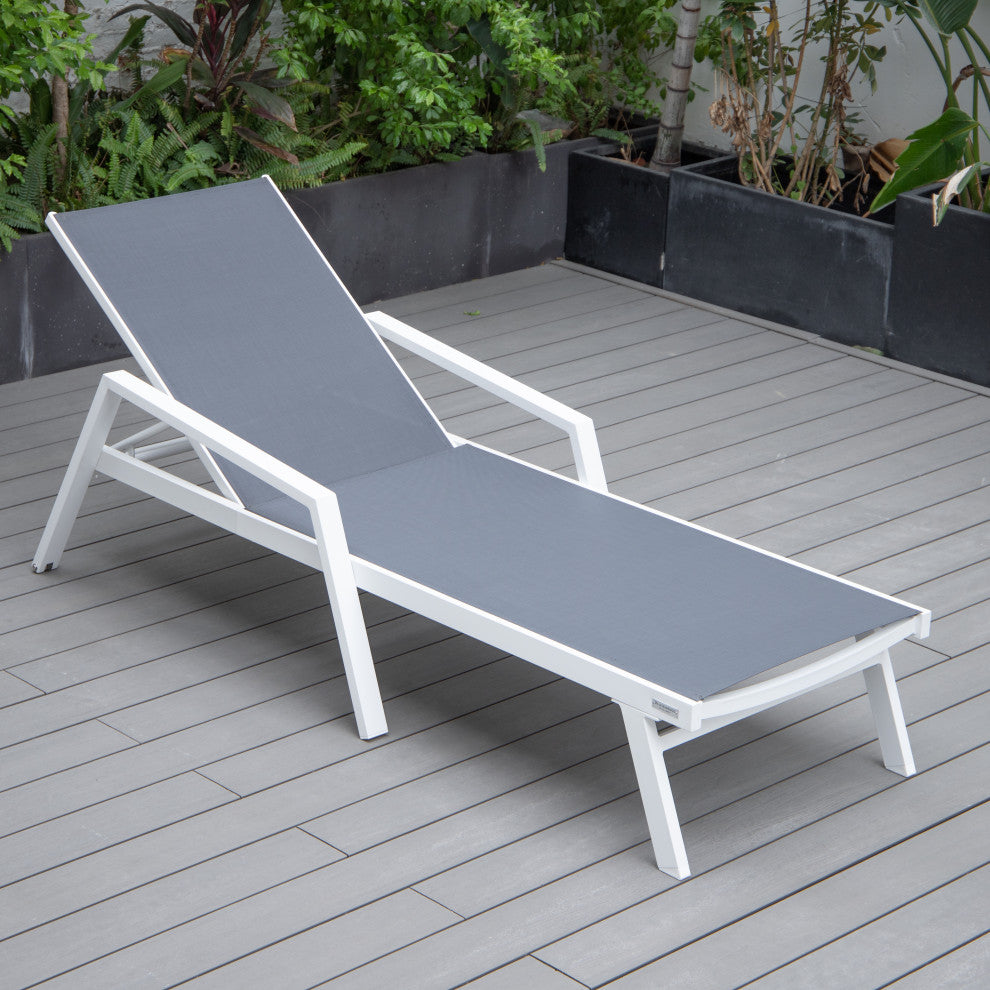 LeisureMod Marlin Patio Chaise Lounge Chair With Arms White Frame, Dark Gray