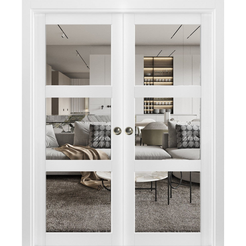 Double Pocket Doors 48 x 80 Clear Glass 3 Lites, Lucia 2555 Matte White