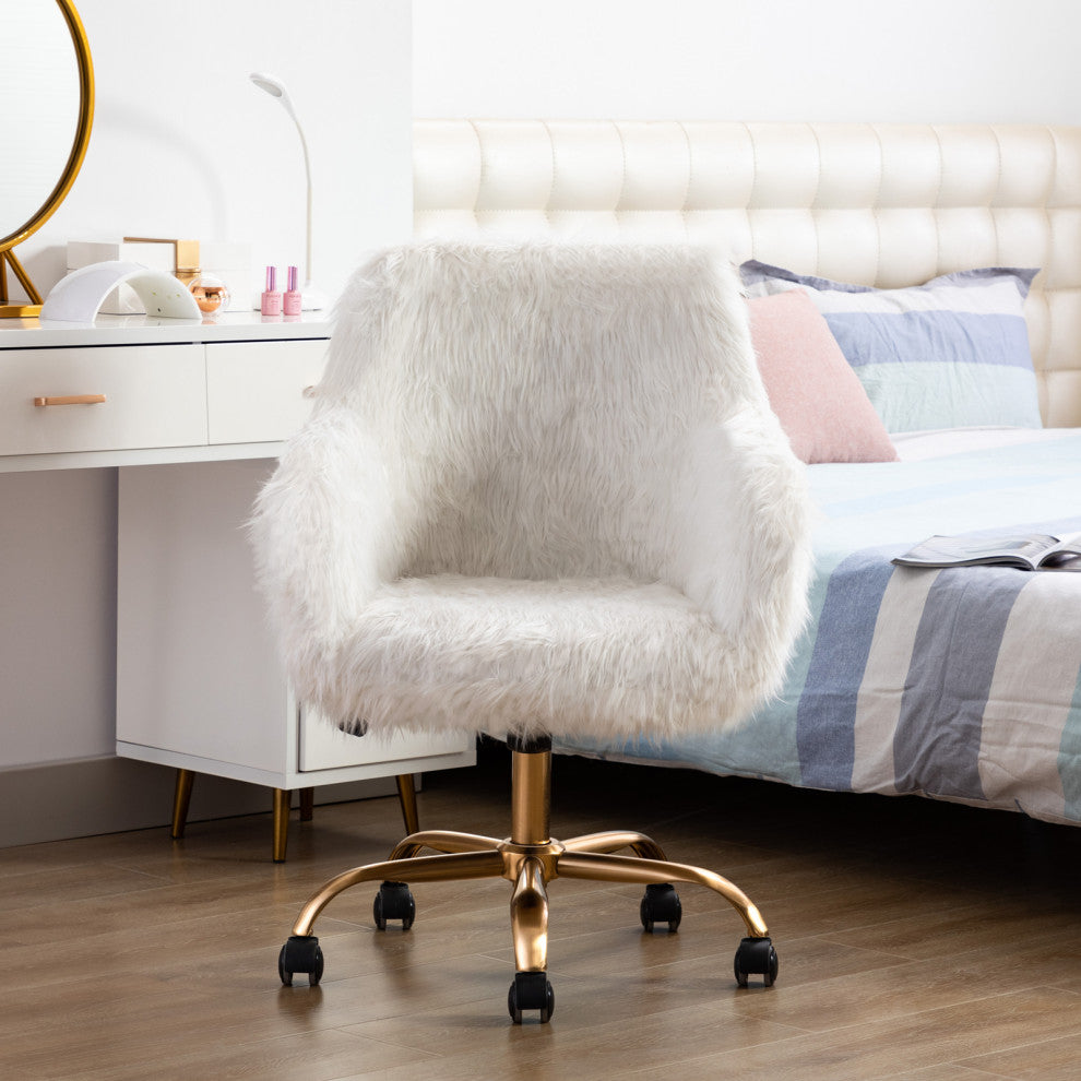 Fluffy Faux Fur Armrest Swivel Desk Chair, White