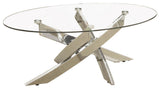 Oval Shape Glass Top Coffee Table with Criss Cross Base, Silver and Clear