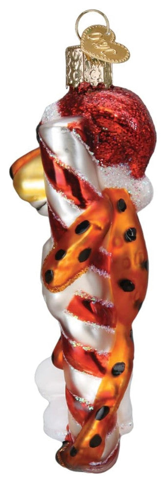 Old World Christmas Chester Cheetah On Candy Cane Blown Glass Holiday Ornament