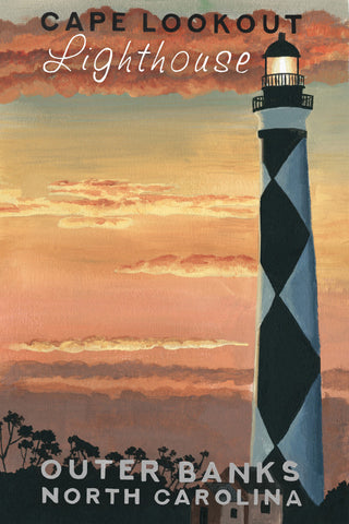 "Sunset at Lighthouse" Painting Print on Wrapped Canvas, 30x45