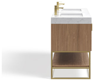 Bahia Bath Vanity, Oak, 60", Brushed Gold Hardware, Double, Freestanding