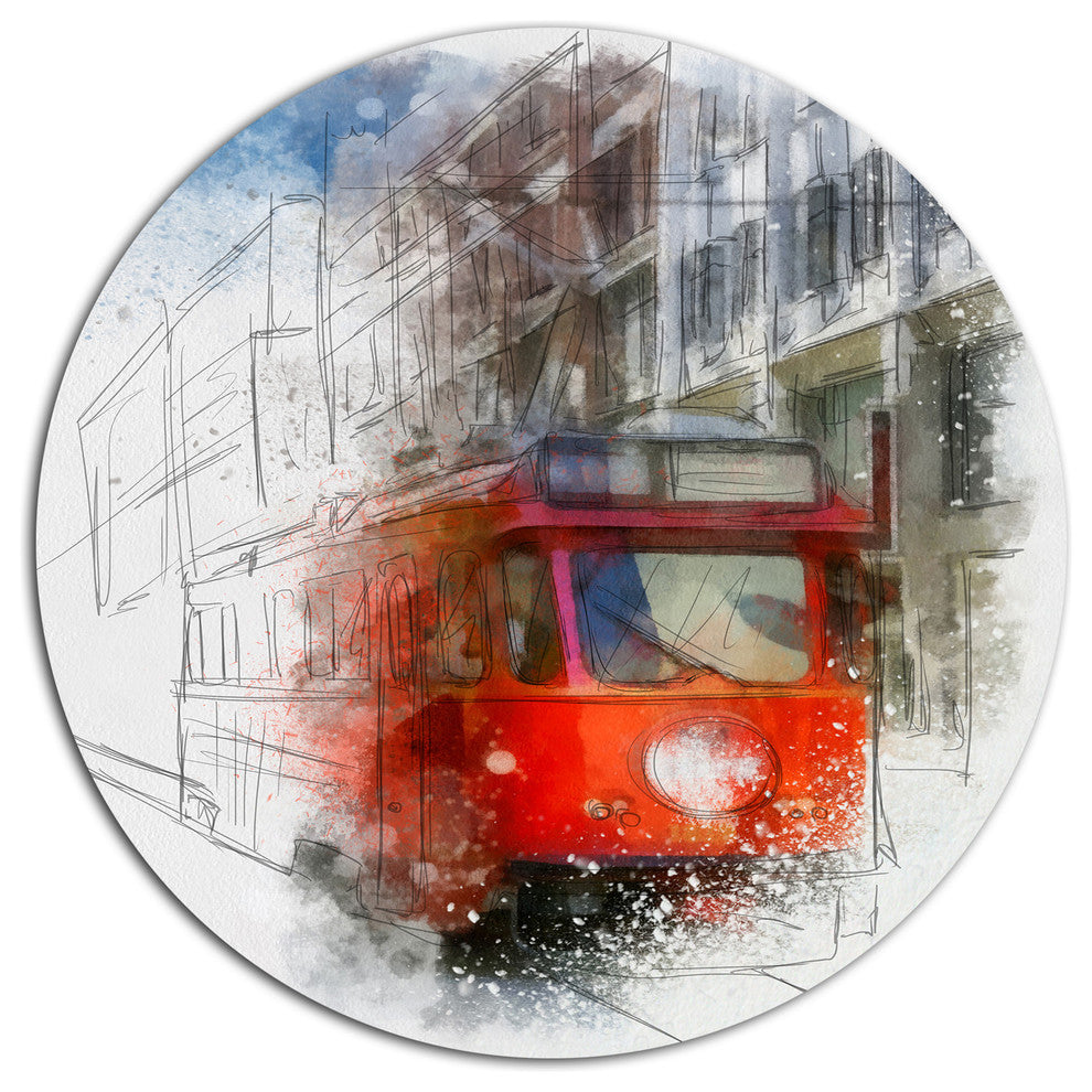 Red Trolley Car Watercolor Sketch, Cityscape Disc Metal Wall Art, 11"