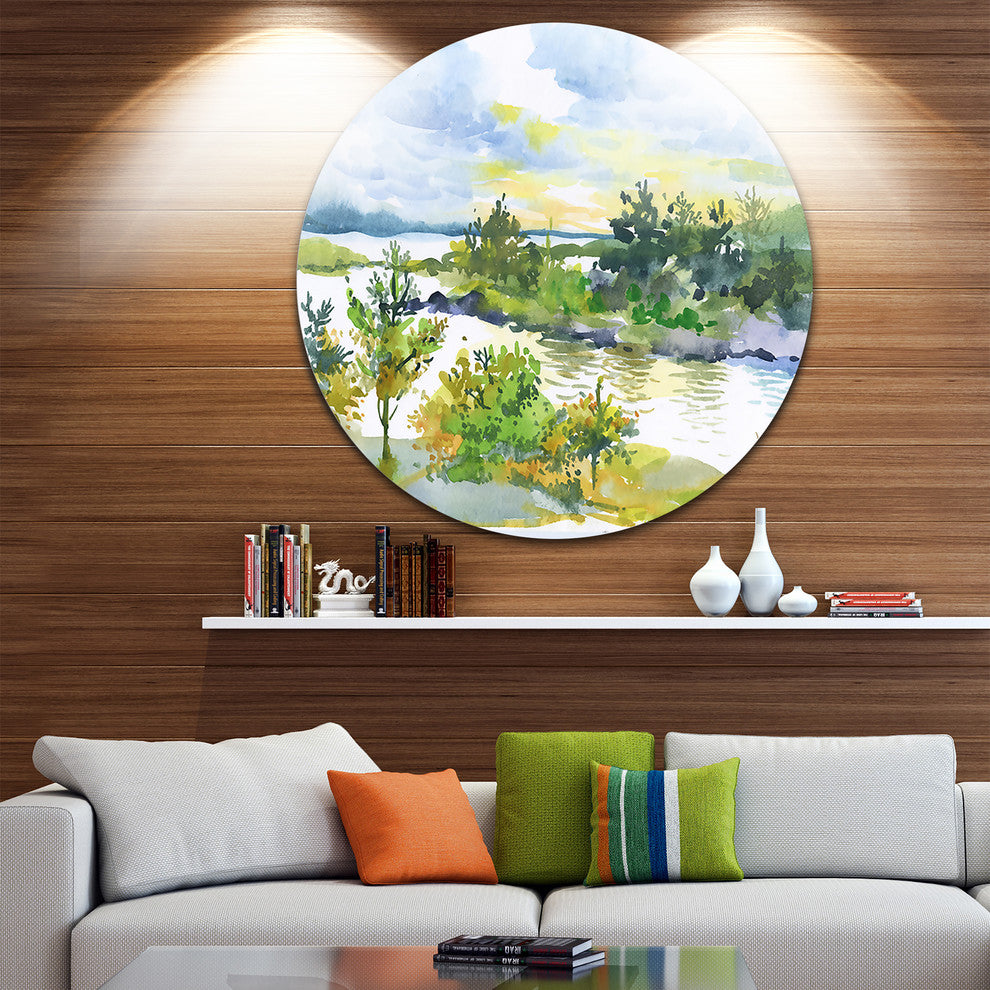Autumn Forest And Lake Watercolor, Landscape Disc Metal Wall Art, 36"