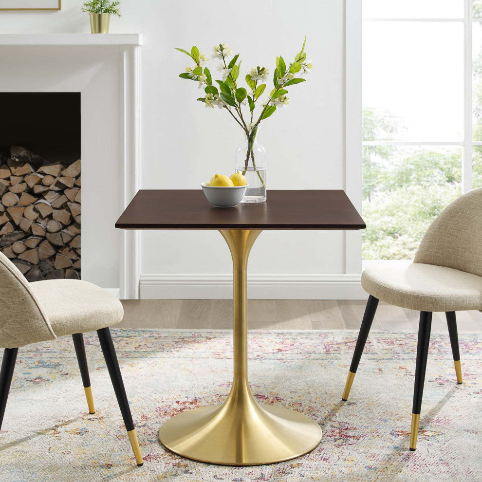 Dining Table, Square, Wood, Gold Dark Brown Brown Walnut, Cafe Bistro Restaurant