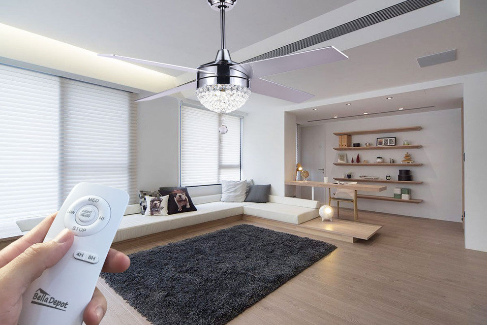 52" Crystal Ceiling Fan With LED Light, Reversible Blades, Remote Control, Chrome