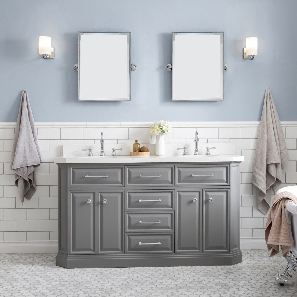 60" Palace Quartz Carrara Cashmere Gray Vanity With Hardware, Faucets, Mirror