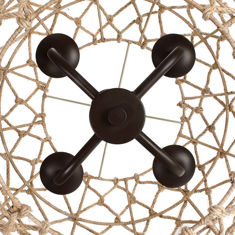 20" W 4-Light Natural Jute Rope Woven Globe Pendant Light With Brown Canopy