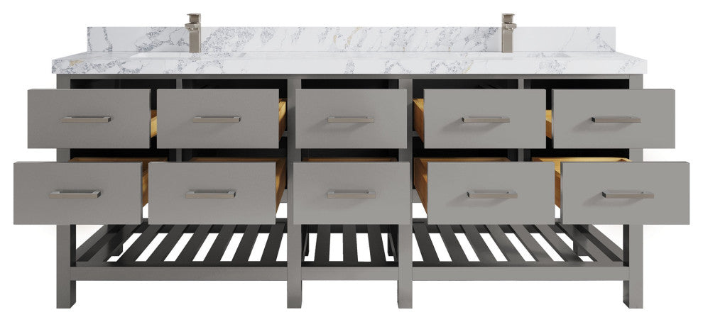 Parker 84" Double Sink Bath Vanity, Elephant Skin Gray 2" Calacatta Poanazzo