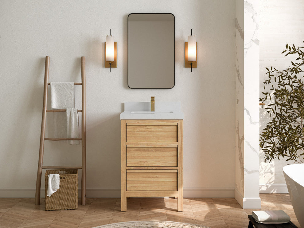 Elizabeth 24 Single Sink Bath Vanity in Light Natural Teak 2" Carrara Quartz