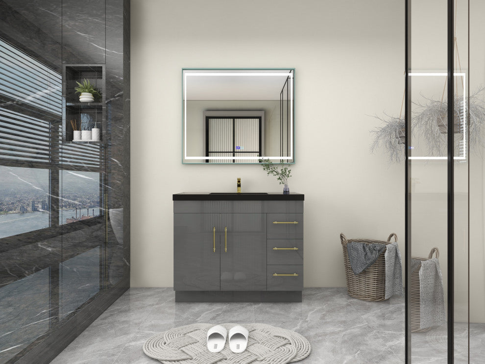 Rosa 42" Free Standing Modern Vanity, High Gloss Gray, Matt Black Top
