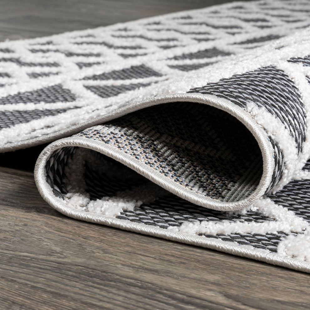Aylan High-Low Pile Trellis Indoor/Outdoor Black/Ivory 2 ft. x 10 ft. Runner Rug