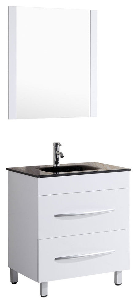 Style 4, 30"W White Vanity Sink Base Cabinet, Mirror, LV4-30W
