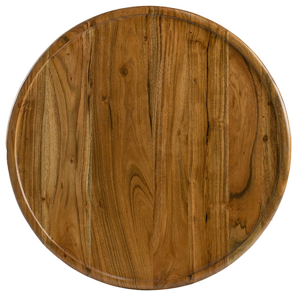 Benzara Round Accent Side Table, Mango Wood, Barrel Shape, Classic Brown