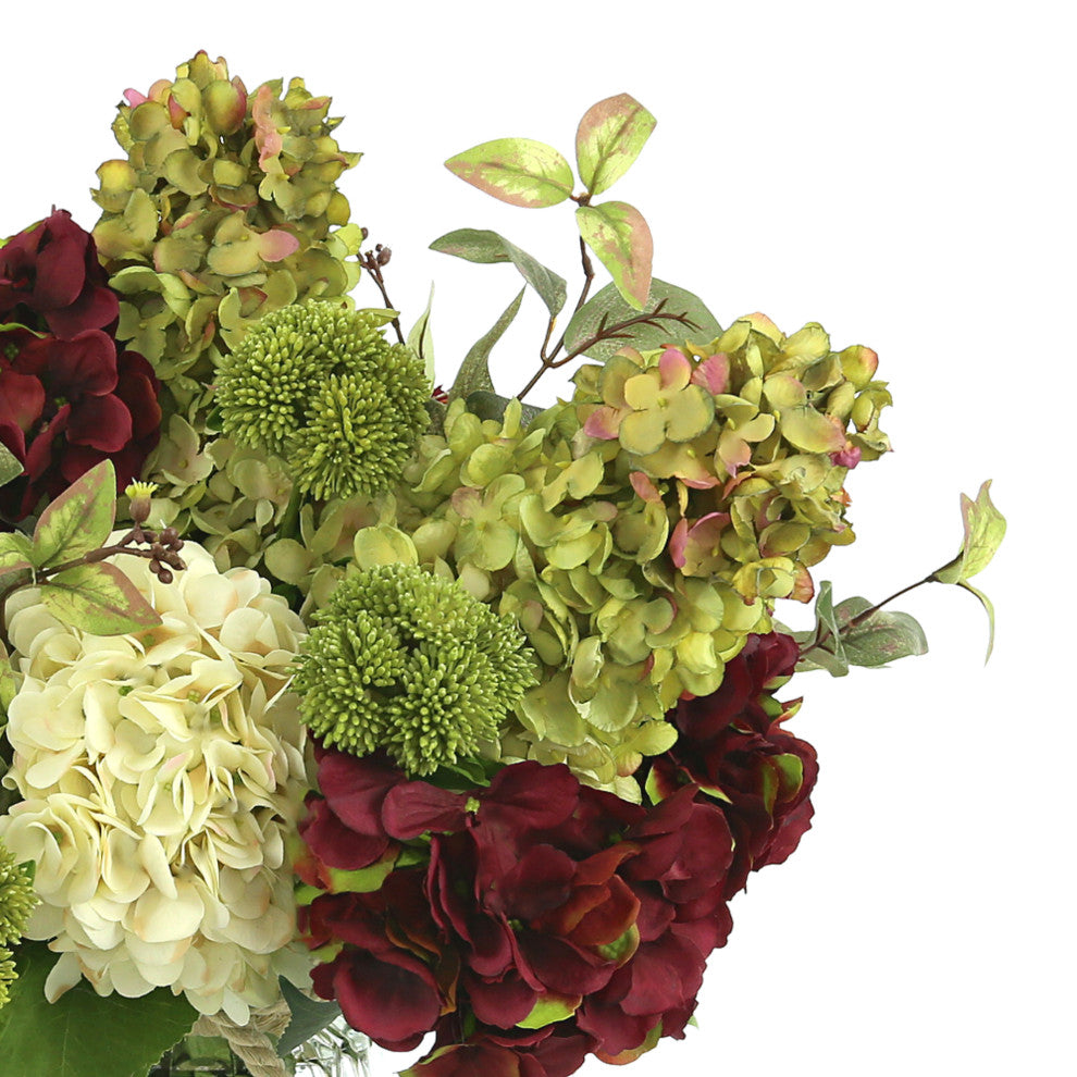 Creative Displays Arrangement, Hydrangea, Sedum and Ivy, Glass Vase With Rope