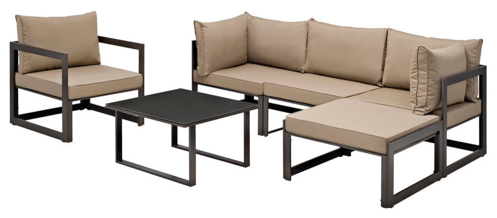 Modern Urban Contemporary Outdoor Patio Sectional Sofa, Mocha Fabric, Set of 6