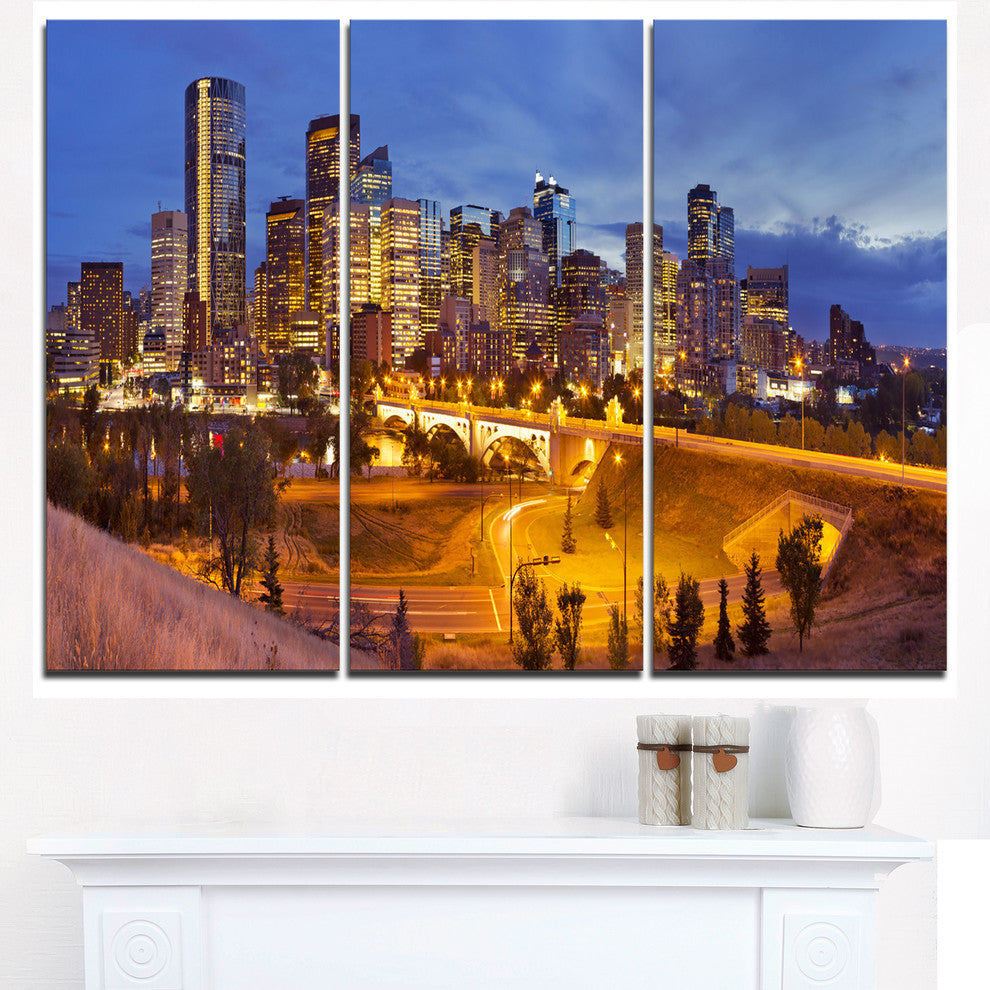 "Skyline of Calgary at Night Panorama" Metal Wall Art, 3 Panels, 36"x28"