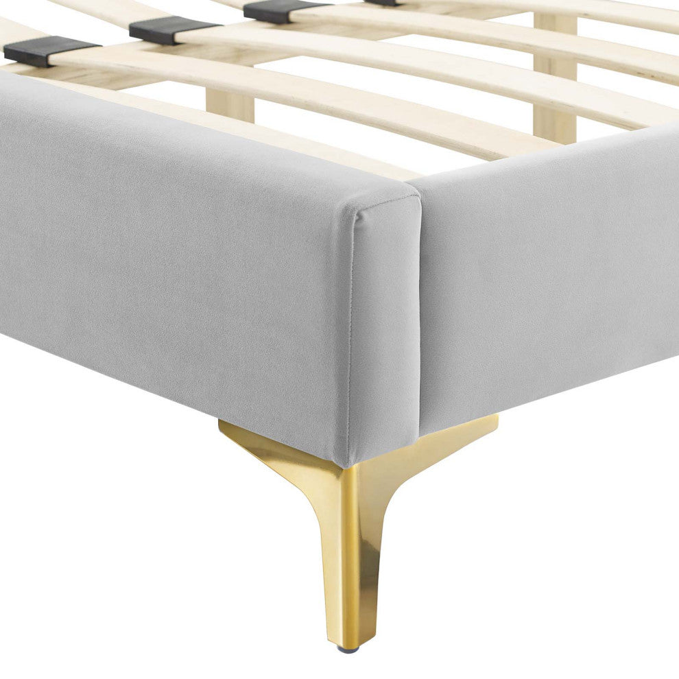 Tufted Platform Bed Frame, Twin Size, Velvet, Gray, Modern Contemporary