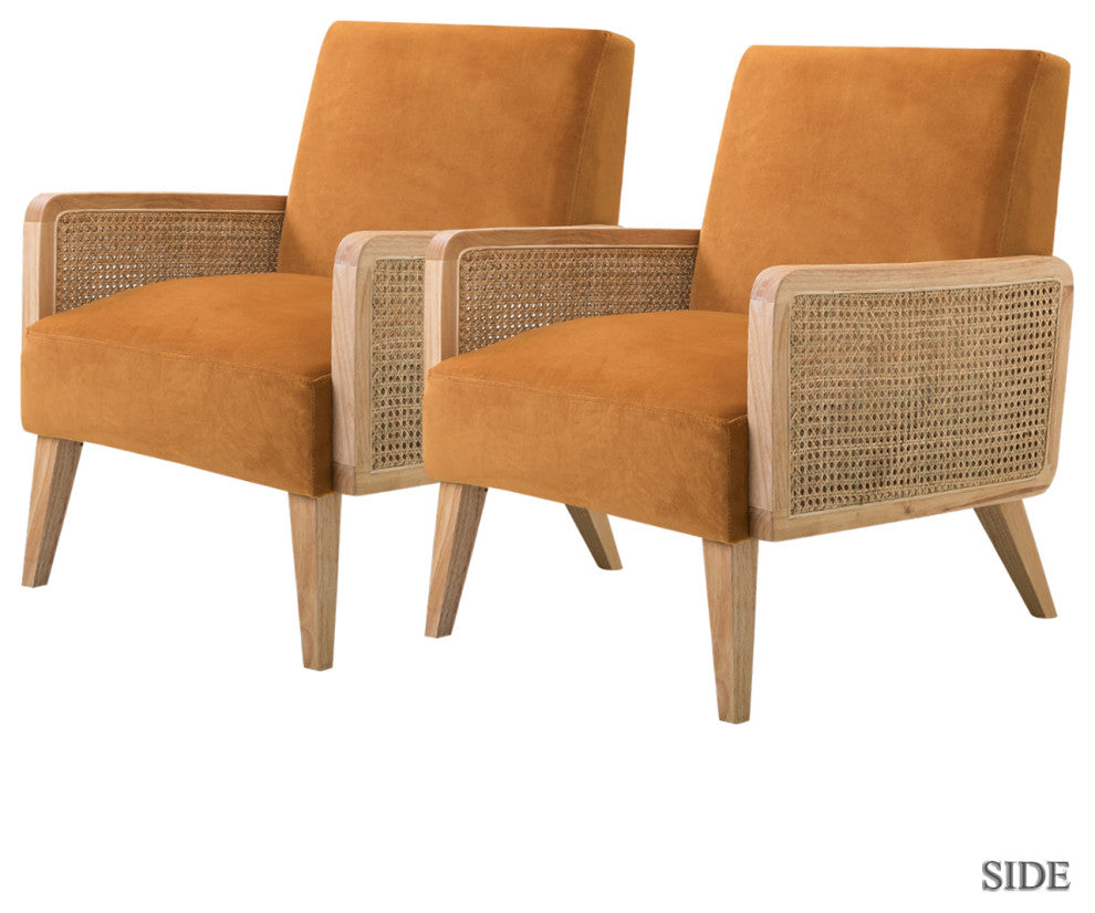Cane Accent Chair With Rattan Arms Set of 2, Yellow