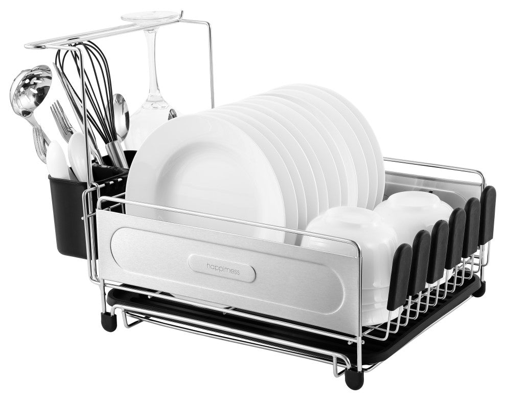 Compact 17.25" Stainless Steel Dish Rack With Wine Glass Holder, Steel/Black