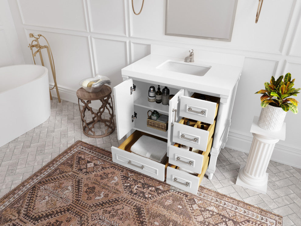 Aberdeen 36 Center Sink Bath Vanity in White 2" Venatino Quartz