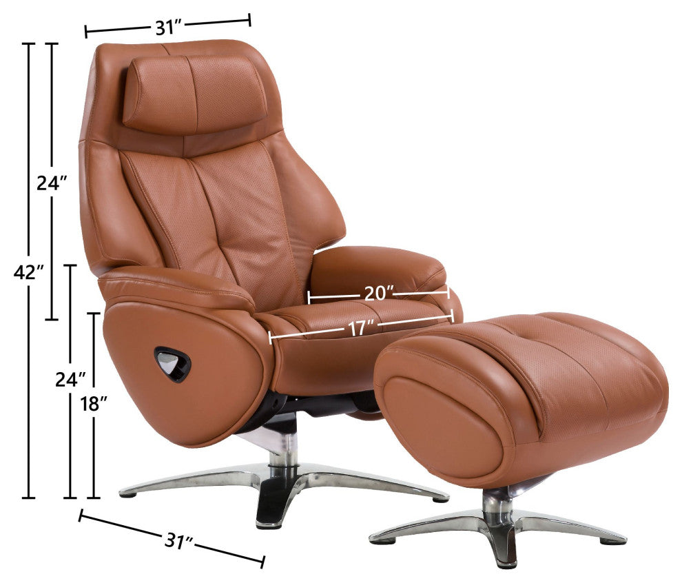 Melbourne Top Grain Leather Ergonomic Manual Recliner & Ottoman Set, Tan/Silver