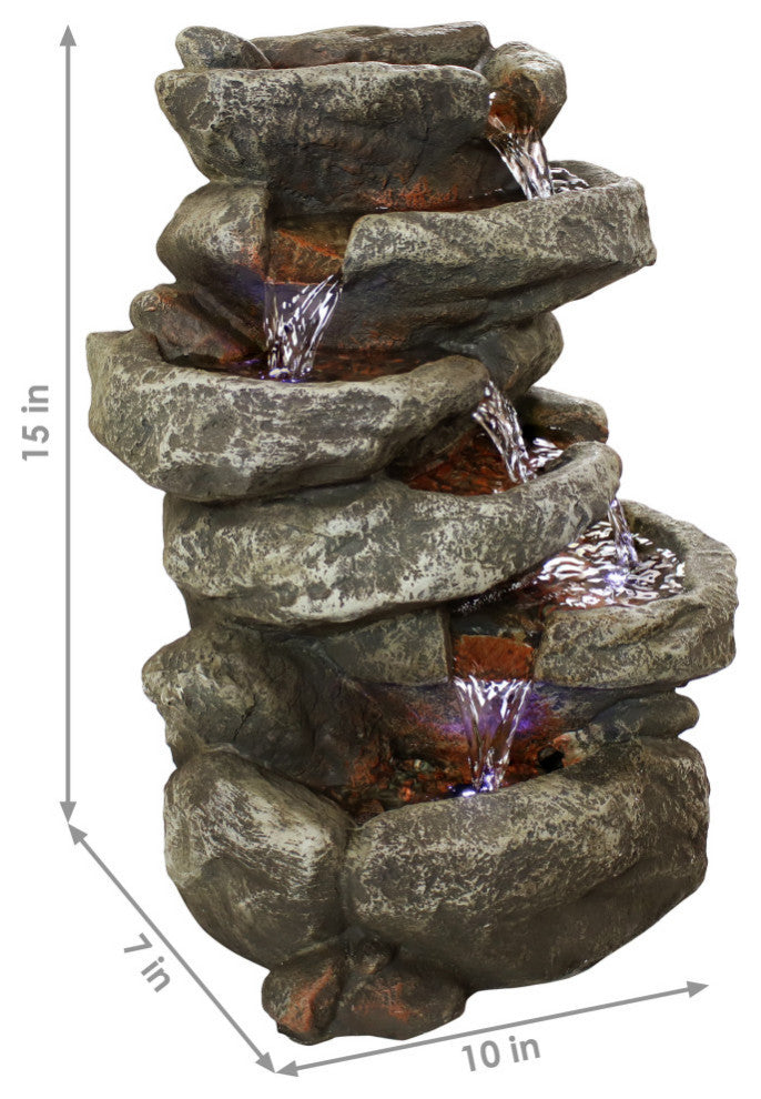 Sunnydaze 6 Tier Stone Falls Tabletop Indoor Water Fountain With LED, 15"