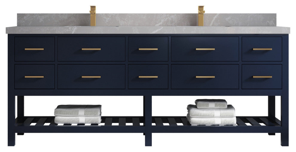 Parker 84" Double Sink Bath Vanity, Navy Blue 2" Pearl Gray