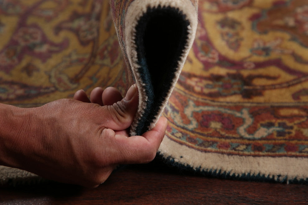 Indian Traditional Hand-Knotted Oriental Agra Area Rug, Beige, 12'0"X8'11"