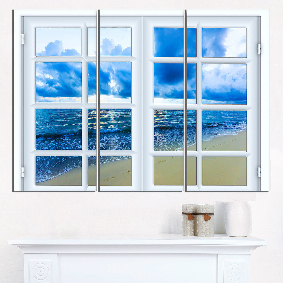 "Closed Window to Blue Seascape" Oversized Metal Wall Art, 3 Panels, 36"x28"