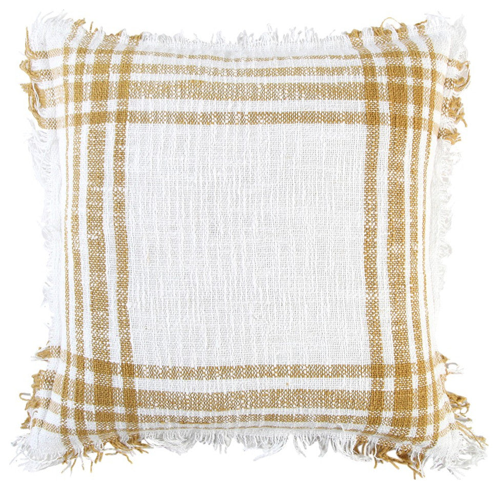 White Gold Open Plaid Textured Throw Pillow