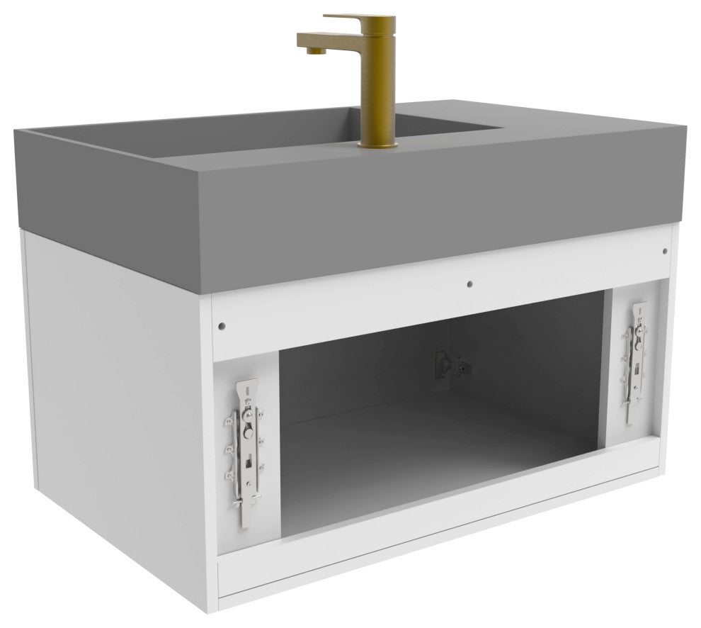 CastelloUSA Amazon 30" Right Wall Mounted Bathroom Vanity Set, White, Gray Top, Gold