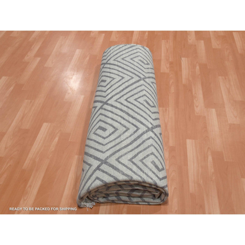 Ivory, Modern Roman Key Design, Silk With Wool Hand Knotted Rug, 9'0"x12'1"