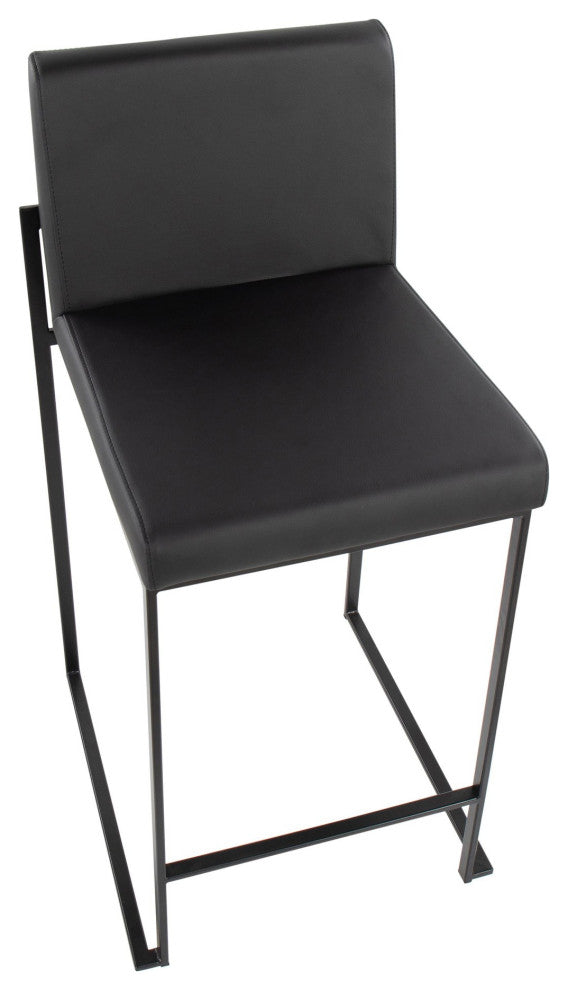 Fuji High Back Counter Stool, Black Steel/Black Faux Leather, Set of 2