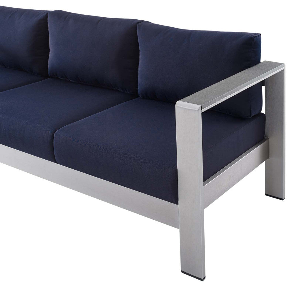 Sectional Sofa Chair Table Set, Sunbrella, Aluminum, Silver Blue Navy, Outdoor