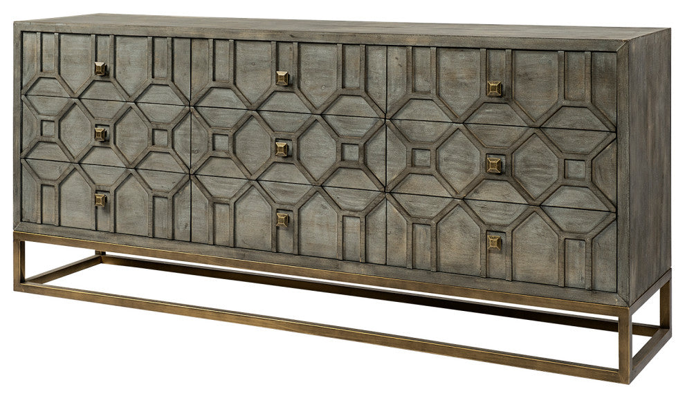 Genevieve II Gray Fir Veneer w/ Gold Metal Frame Drawer Sideboard