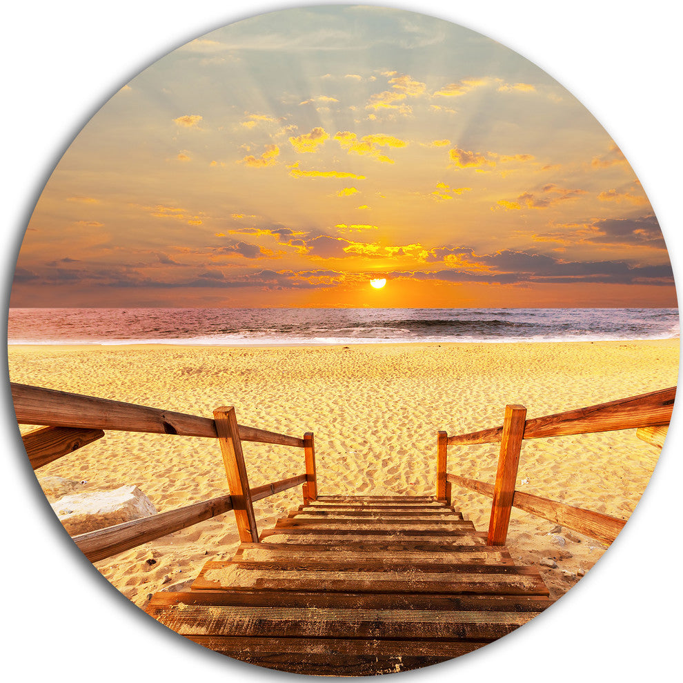 Brown Wooden Boardwalk Into Beach, Sea Bridge Disc Metal Wall Art, 36"