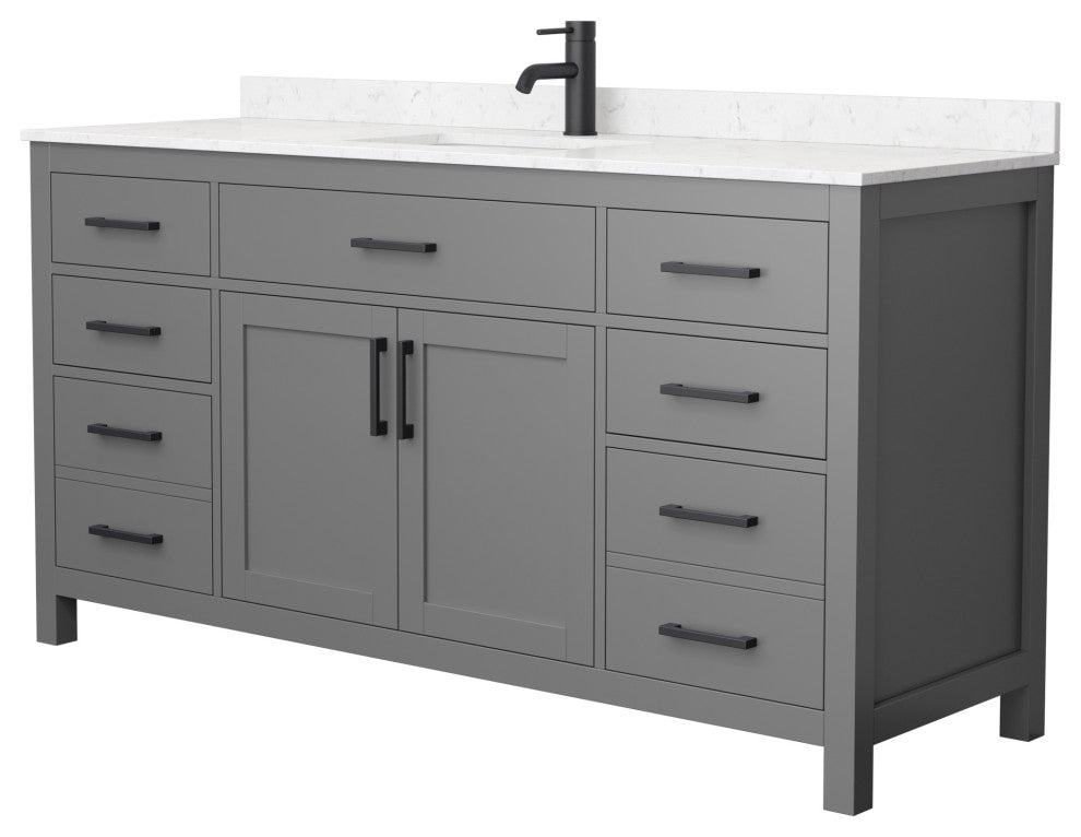 66"SGL Vanity Dark Gray, Carrara Cult. Marble Countertop, Sink, Black Trim