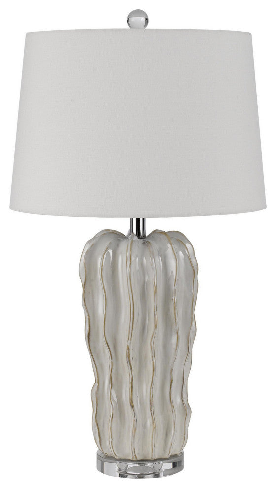 Benzara Accent Table Lamp, Hardback Fabric Shade, Embossed Ceramic, Pearl