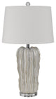 Benzara Accent Table Lamp, Hardback Fabric Shade, Embossed Ceramic, Pearl