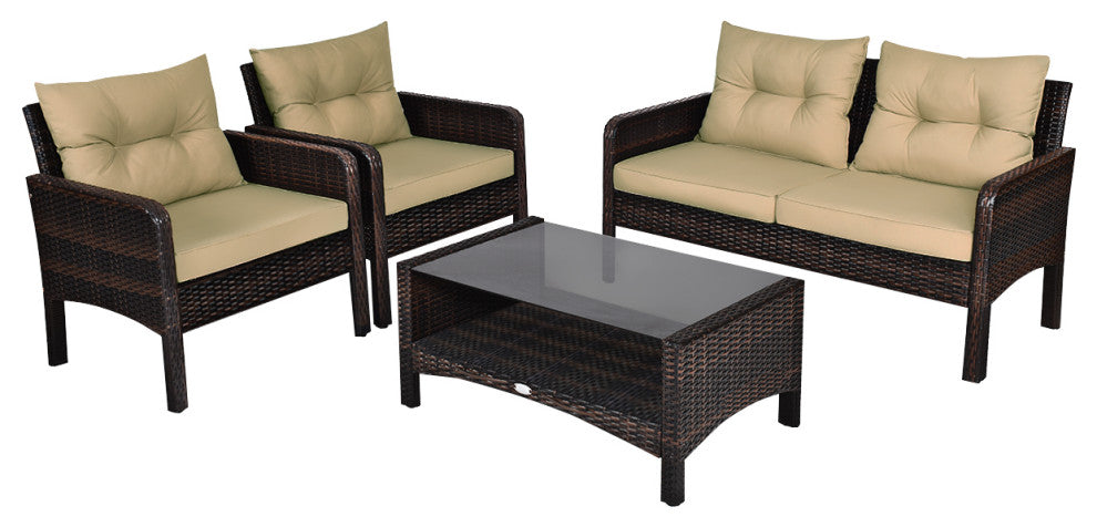 Costway 4PCS Patio Rattan Furniture Set Loveseat Coffee Table Garden Cushioned
