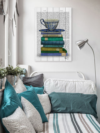 "Teacup and Books" Painting Print on White Wood, 24"x36"