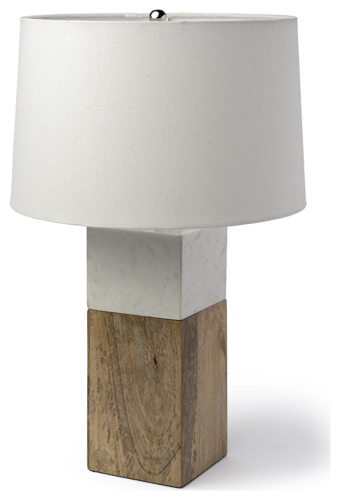 White Marble and Natural Wood Block Table or Desk Lamp