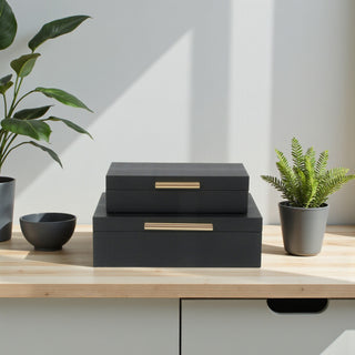 Lusan Rectangular Decorative Box Set, Black Faux Snakeskin