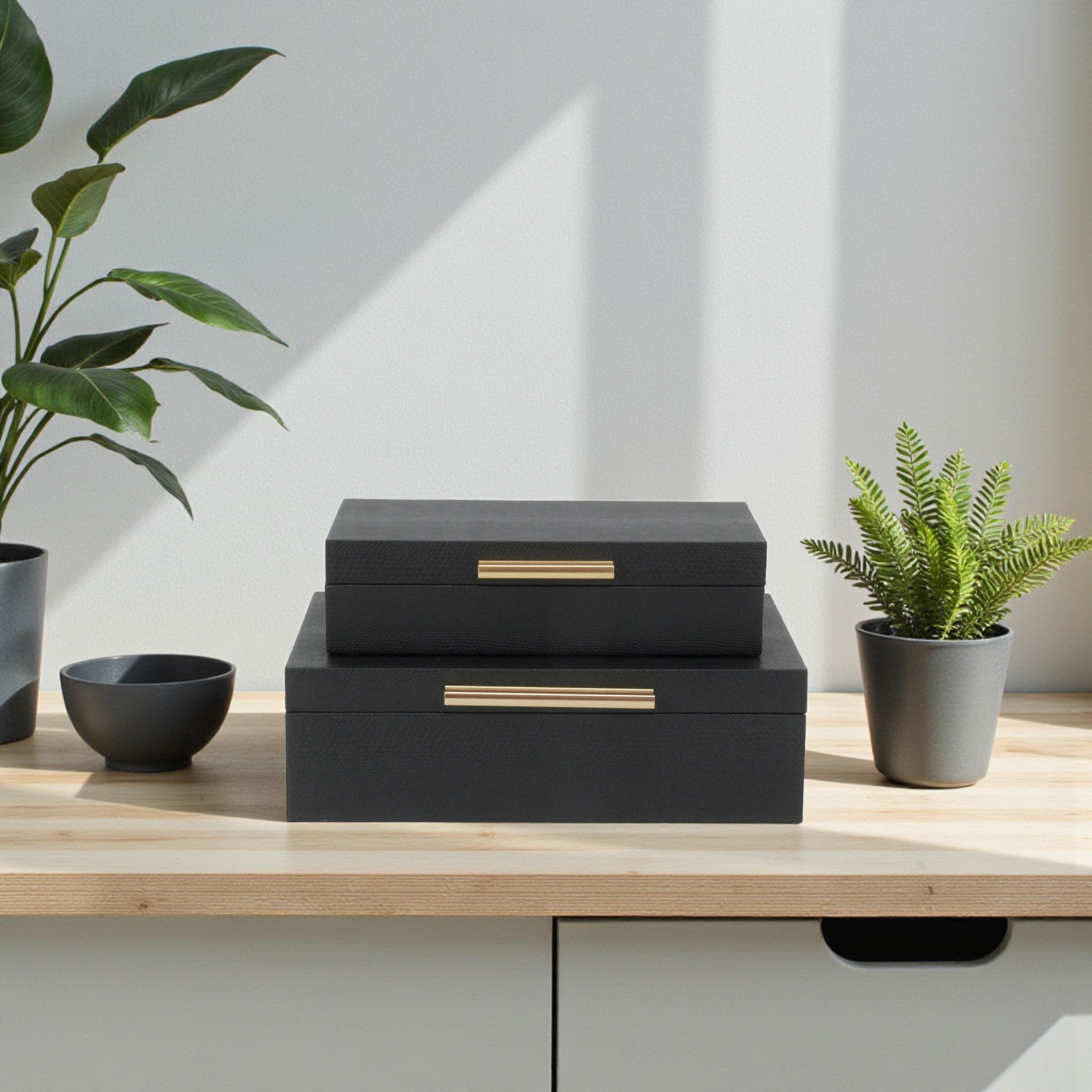 Lusan Rectangular Decorative Box Set, Black Faux Snakeskin