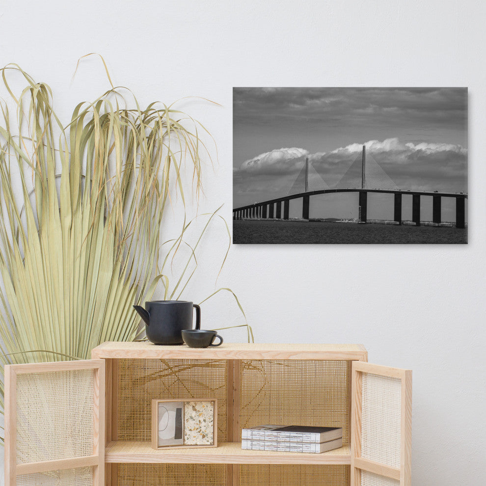 Skyway Bridge Black & White Landscape Photo Canvas Wall Art Print, 24" X 36"