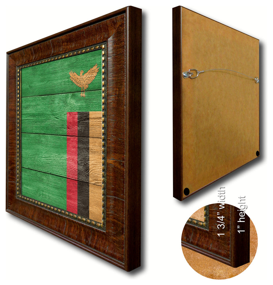 Zambia Country Textured Flag Print With Brown Gold Frame, 23"X33"